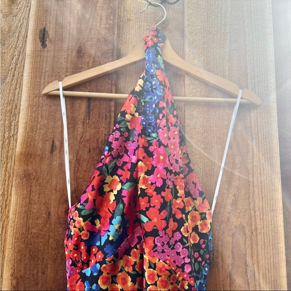 Black and Colorful Multi Floral Satin Halter Midi Dress 🌿 - Picture 6 of 11
